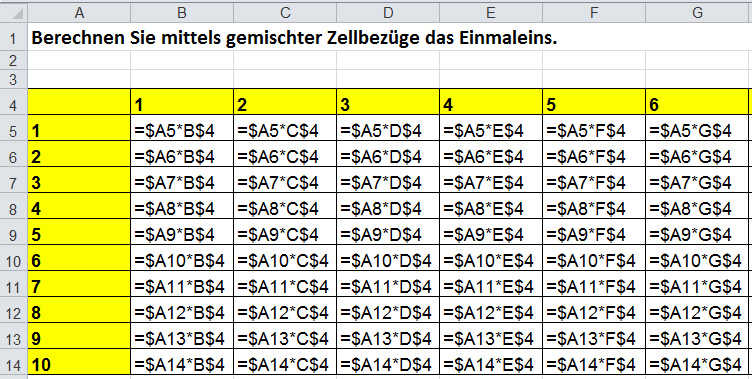 Lösung des Einmaleins mit gemischtem Bezug in der Formelansicht